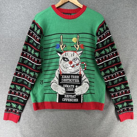 Blizzard Bay Christmas Sweater Cat Mugshot Size L Funny Ugly Xmas Tree Destroyer - Picture 1 of 10
